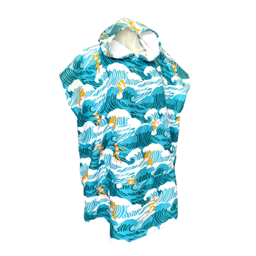 Teal and white retro surfing print sand free kid hooded towel. Australian