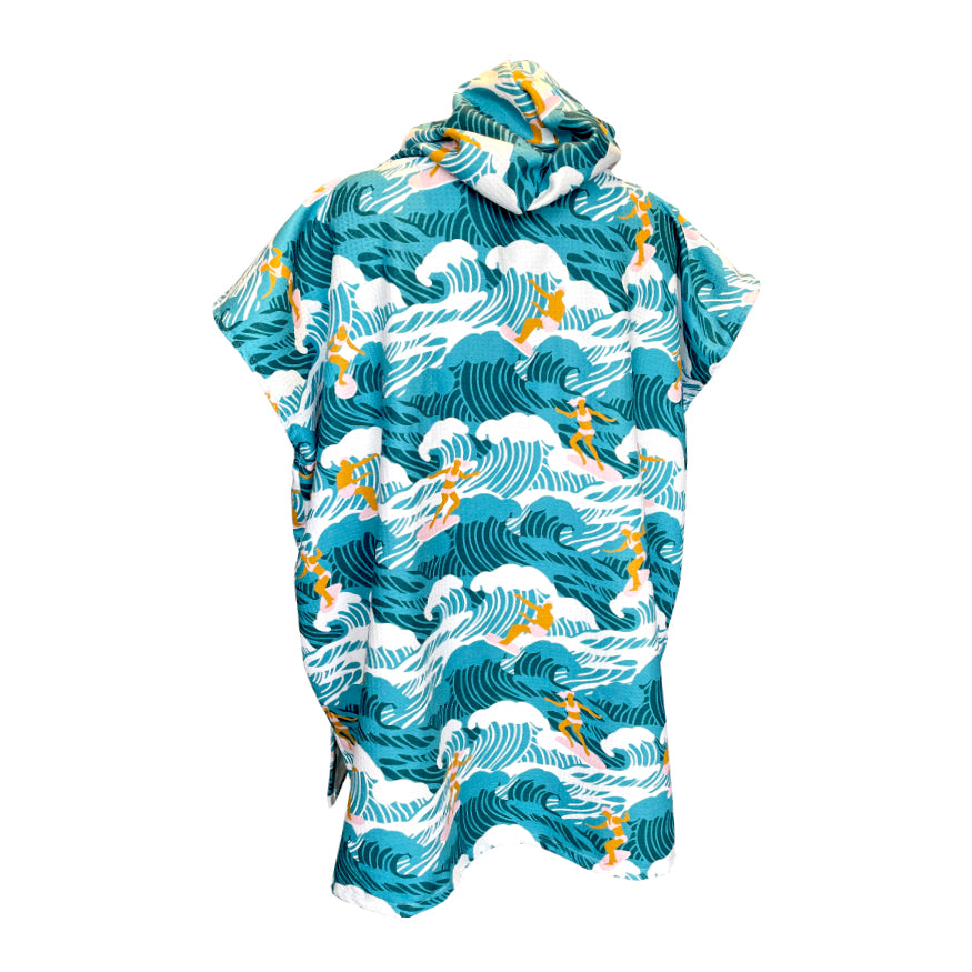 Teal and white retro surfing print sand free adult hooded towel. Australian
