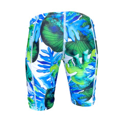 retro tropical blue and green leaves Boys Chlorine Proof Jammers. Australian Made