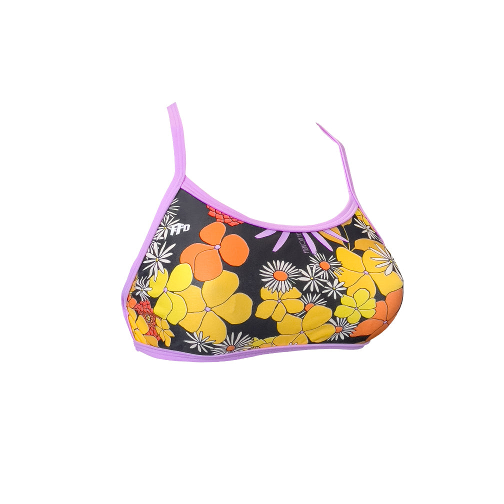 yellow orange purple and white retro flower with black background Girls Chlorine Proof Two Piece Top. Australian Made