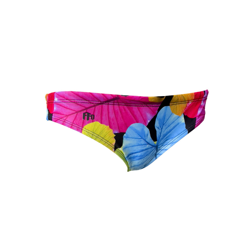 multi colour leaves with black background Girls Chlorine Proof Two Piece Bottom. Australian Made