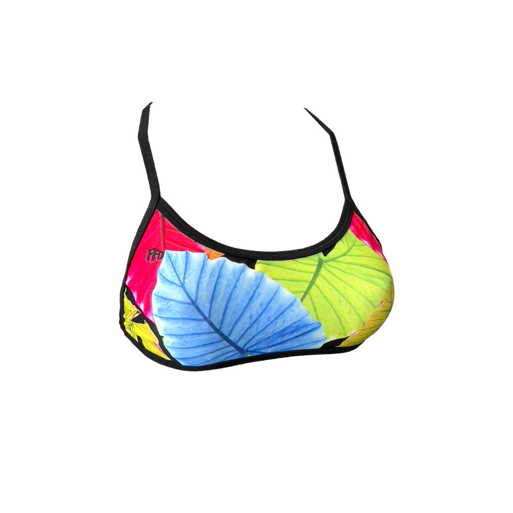 multi colour leaves with black background Girls Chlorine Proof Two Piece Top. Australian Made