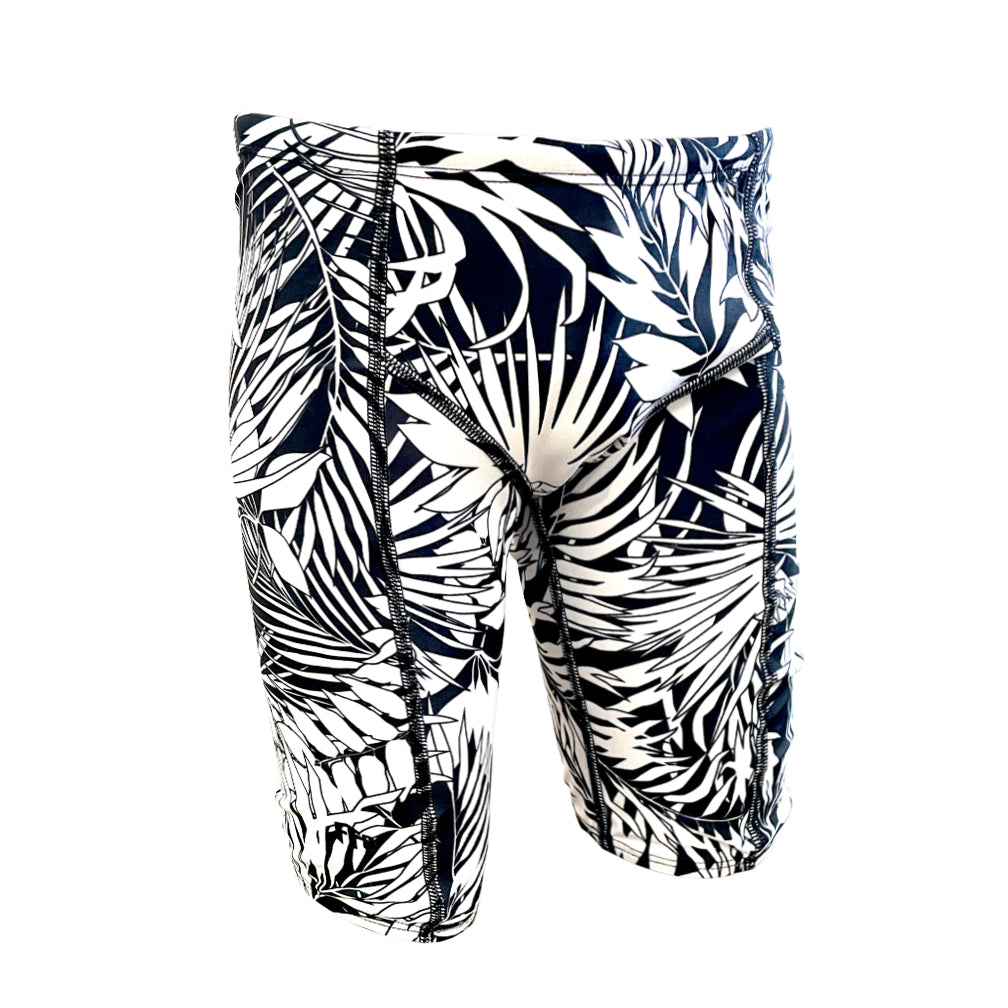 black and white tropical leaves boys chlorine proof jammers. Australian Made